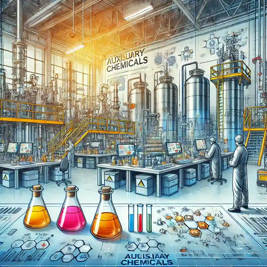 A modern chemical manufacturing facility with advanced equipment, colorful flasks, and scientists working on auxiliary chemical processes