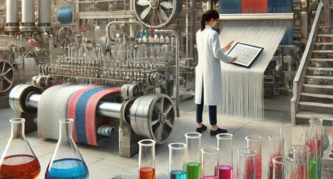 A researcher in a white lab coat uses a tablet to monitor textile machinery, surrounded by colorful chemical beakers and yarn.