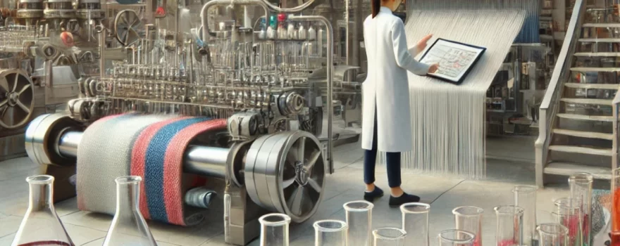 A researcher in a white lab coat uses a tablet to monitor textile machinery, surrounded by colorful chemical beakers and yarn.