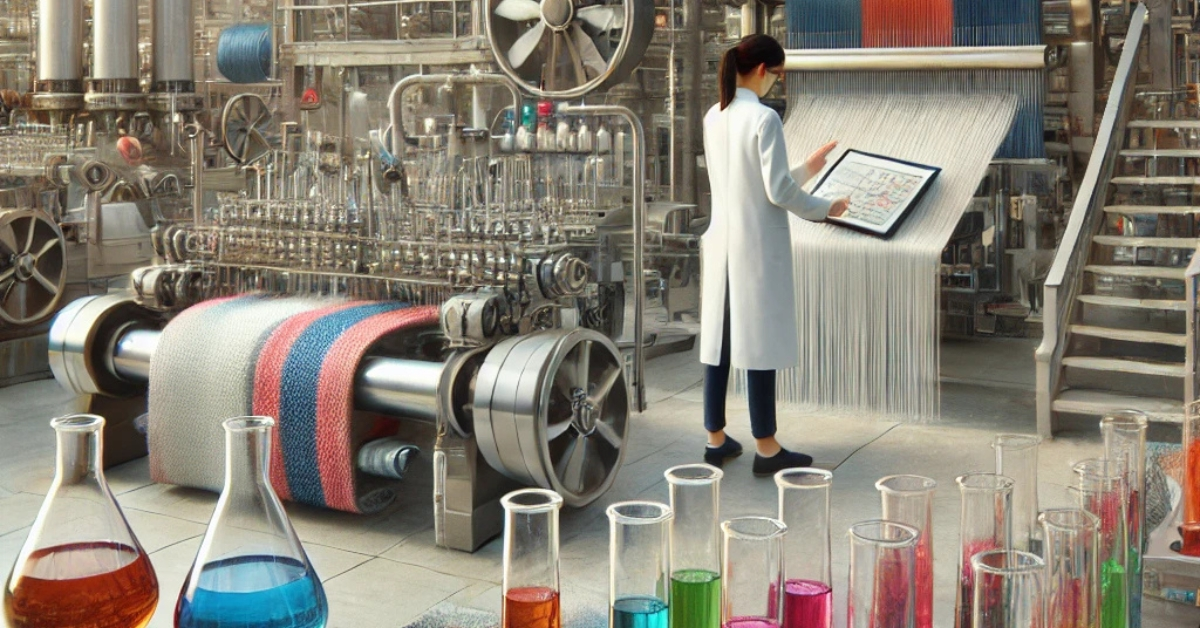 A researcher in a white lab coat uses a tablet to monitor textile machinery, surrounded by colorful chemical beakers and yarn.