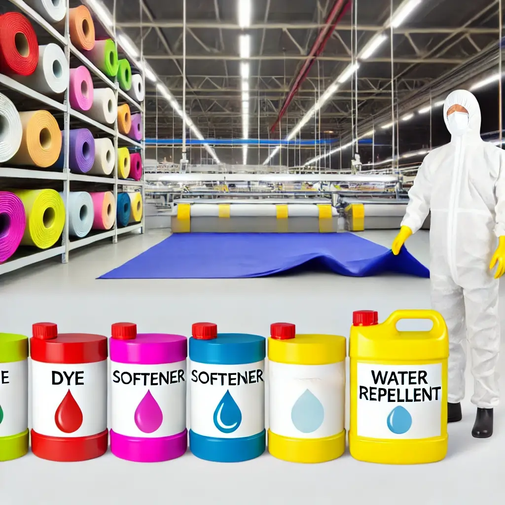 A worker in protective gear stands in a textile factory surrounded by colorful fabric rolls and labeled chemical containers like dyes and softeners.