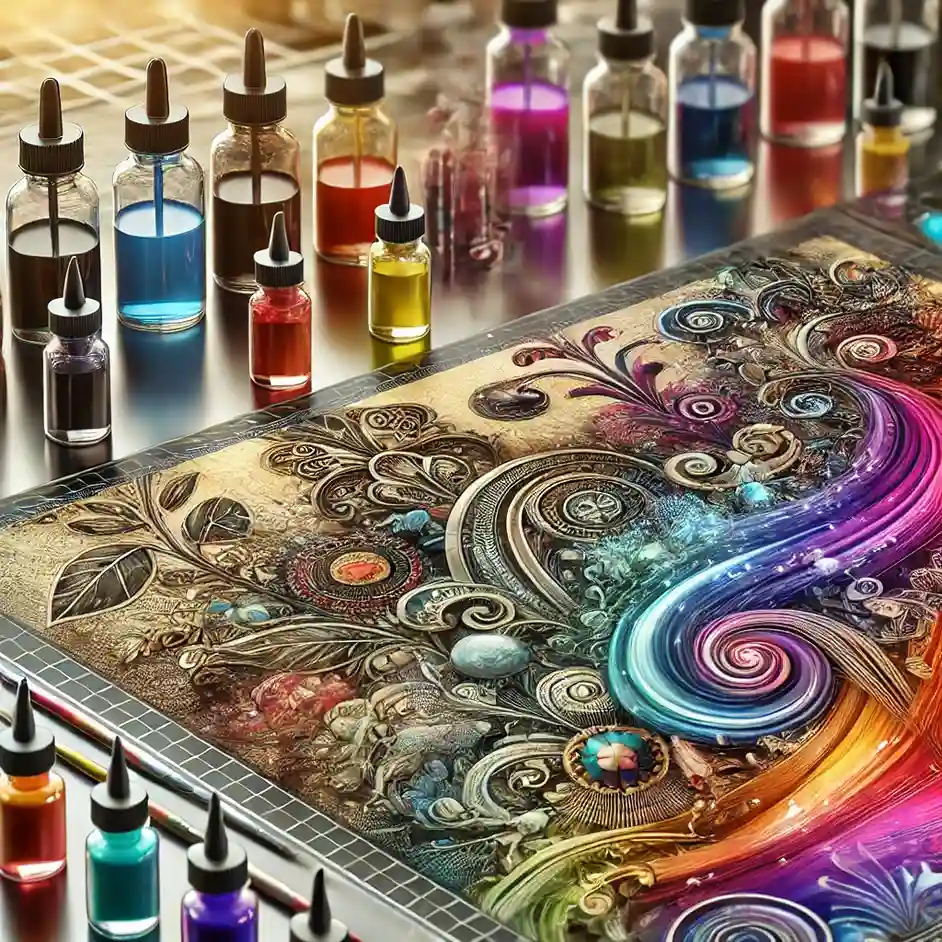 An artistic design created with vibrant printing chemicals, showcasing intricate swirls, patterns, and colorful bottles on a workspace.