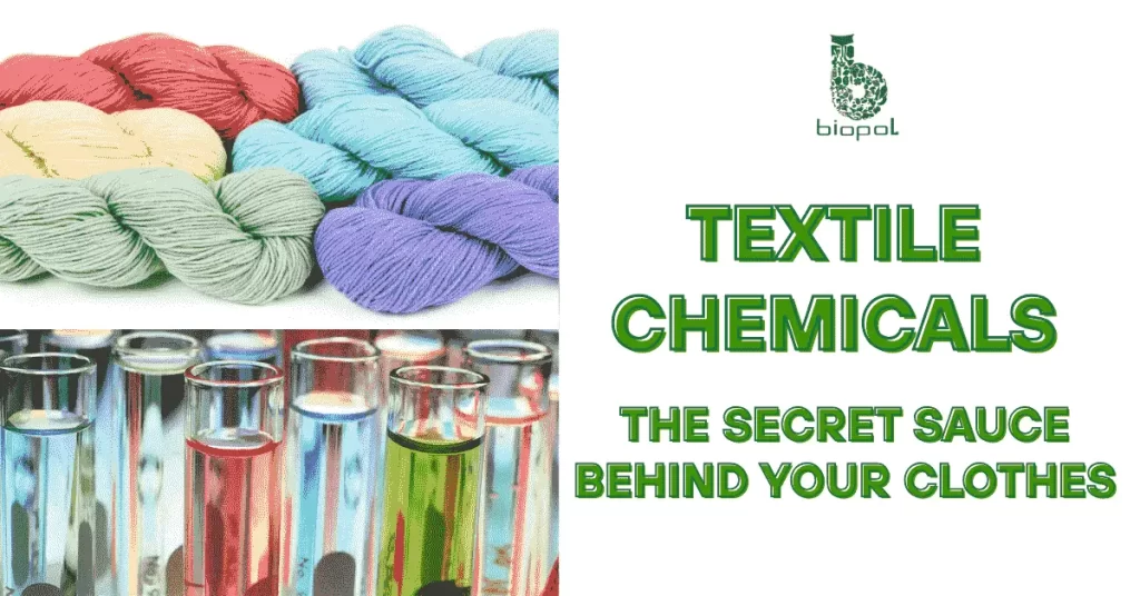 Textile Chemicals - Collage of colorful yarns and textile chemical bottles, showcasing the role of chemicals in fabric processing and enhancement.