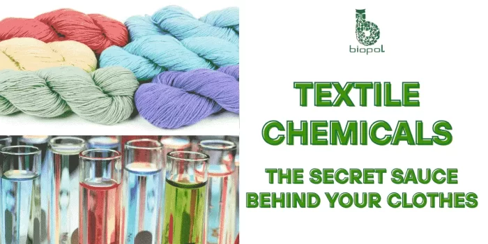 Textile Chemicals - Collage of colorful yarns and textile chemical bottles, showcasing the role of chemicals in fabric processing and enhancement.