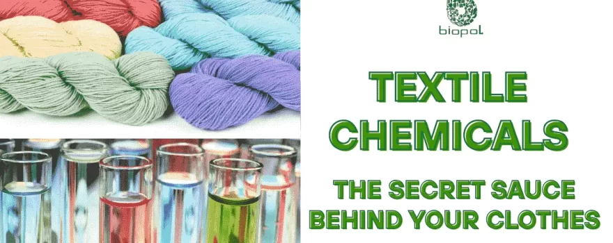 Textile Chemicals - Collage of colorful yarns and textile chemical bottles, showcasing the role of chemicals in fabric processing and enhancement.