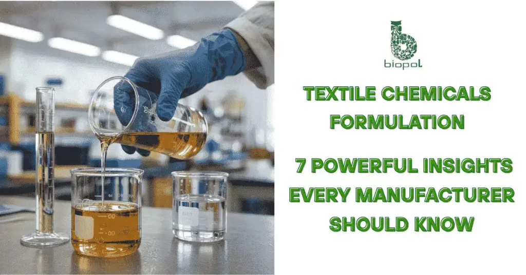 A hand in a lab coat pouring yellow liquid from a beaker into another, with a graduated cylinder and clear liquid nearby in a clean, well-lit laboratory setting. - Textile Chemicals Formulation 1