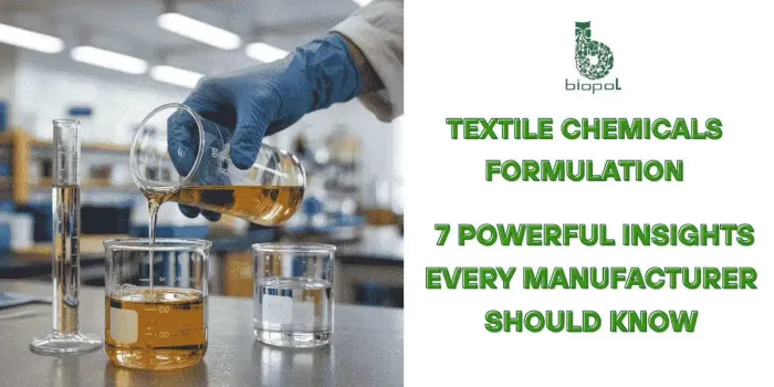 A hand in a lab coat pouring yellow liquid from a beaker into another, with a graduated cylinder and clear liquid nearby in a clean, well-lit laboratory setting. - Textile Chemicals Formulation 1