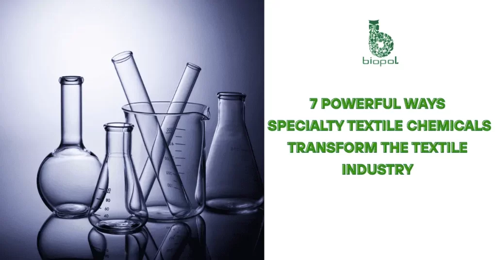 laboratory glassware including beakers, flasks, and test tubes arranged artistically against a gradient blue background. - Specialty Textile Chemicals