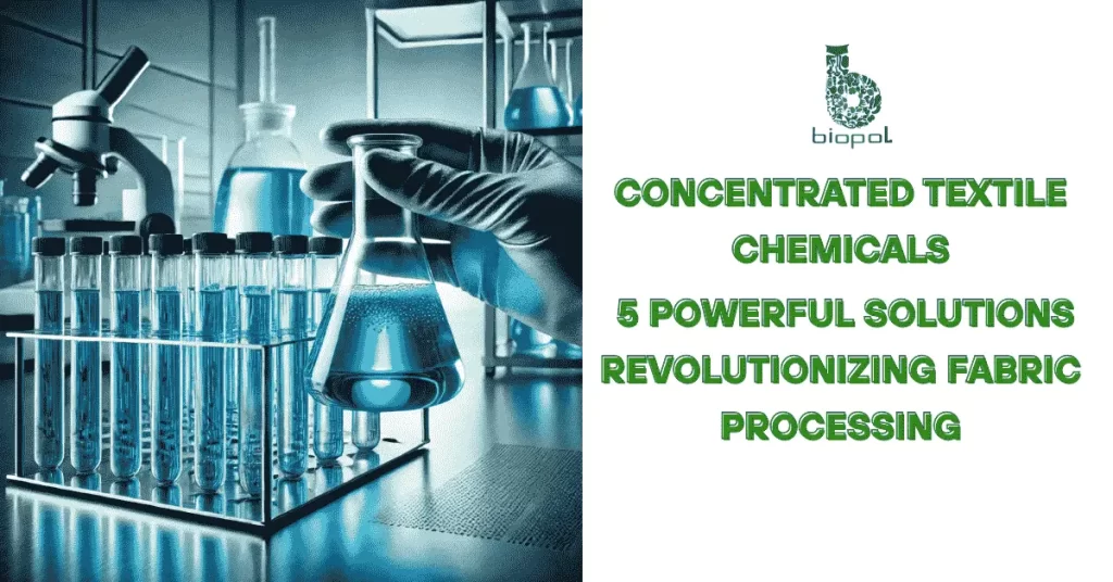 Gloved hand holding a blue chemical-filled flask in a modern lab, with test tubes in the background—capturing a clean, scientific setting. - Concentrated Textile Chemicals 1