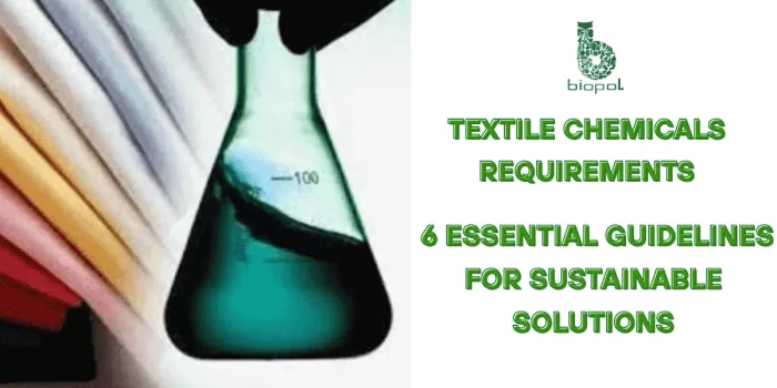 Gloved hand holding a chemical-filled flask beside stacked colored fabrics—representing textile chemical processing. - Textile Chemicals Requirements 1