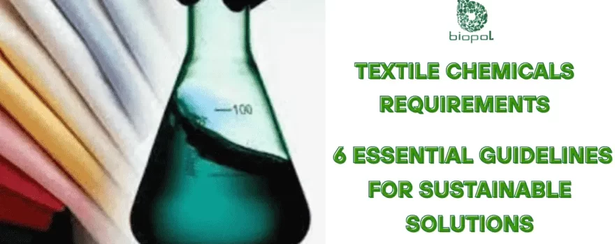Gloved hand holding a chemical-filled flask beside stacked colored fabrics—representing textile chemical processing. - Textile Chemicals Requirements 1