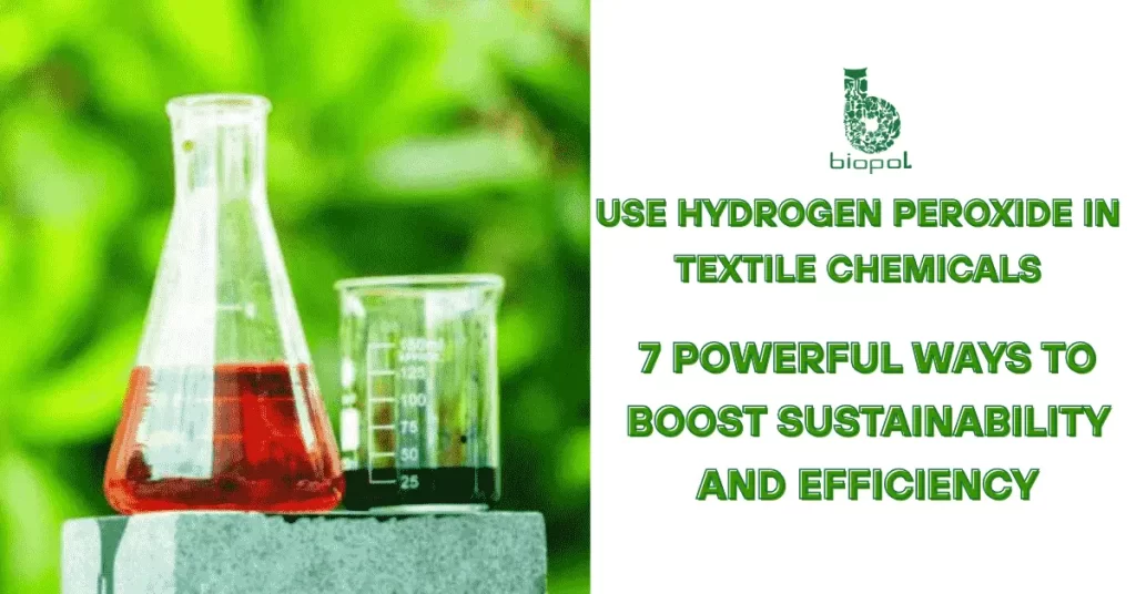 Lab glassware with red and dark liquids placed outdoors against a green leafy background, symbolizing eco-friendly or green chemistry. - use hydrogen peroxide in textile chemicals 1