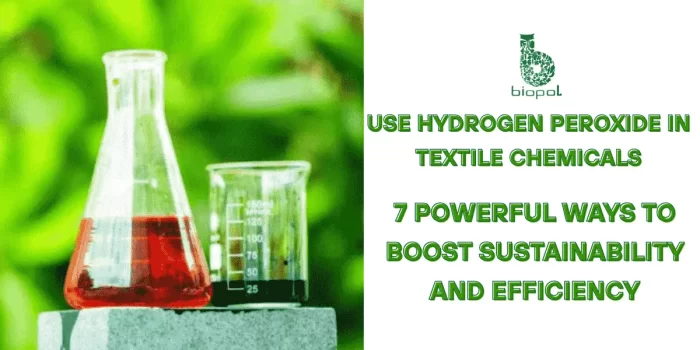 Lab glassware with red and dark liquids placed outdoors against a green leafy background, symbolizing eco-friendly or green chemistry. - use hydrogen peroxide in textile chemicals 1