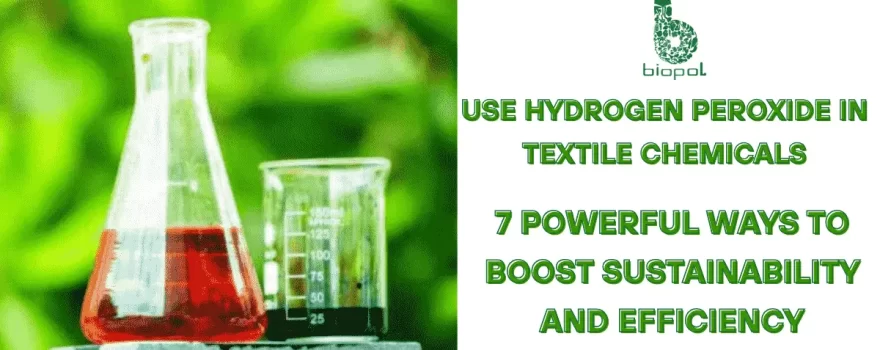 Lab glassware with red and dark liquids placed outdoors against a green leafy background, symbolizing eco-friendly or green chemistry. - use hydrogen peroxide in textile chemicals 1
