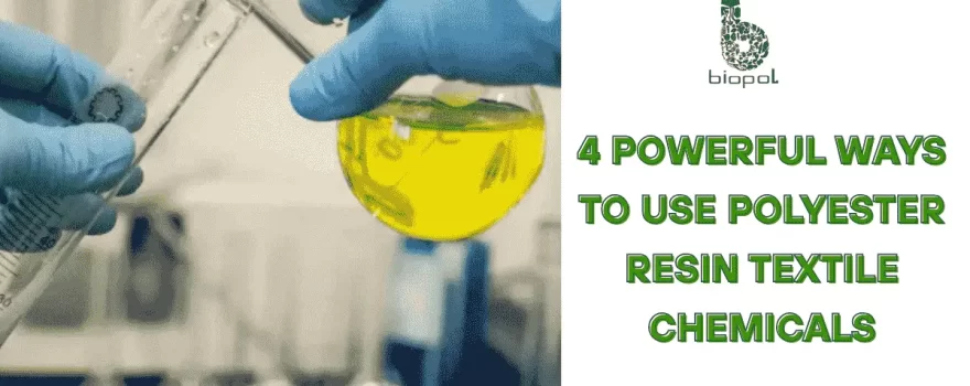 two gloved hands in a laboratory setting, one holding a test tube with a blue liquid and the other pouring a yellow liquid from a flask. - use polyester resin textile chemicals 1