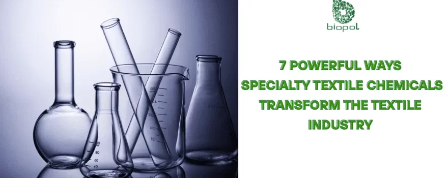 laboratory glassware including beakers, flasks, and test tubes arranged artistically against a gradient blue background. - Specialty Textile Chemicals