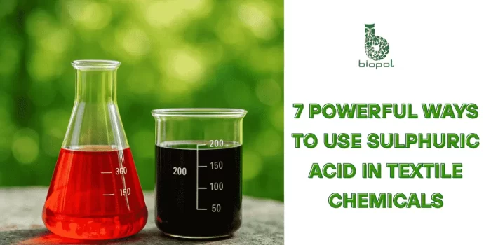 A conical flask and beaker with red and dark liquids placed outdoors, set against green foliage—symbolizing green chemistry and sustainable innovation. - Use Sulphuric Acid in Textile Chemicals 1