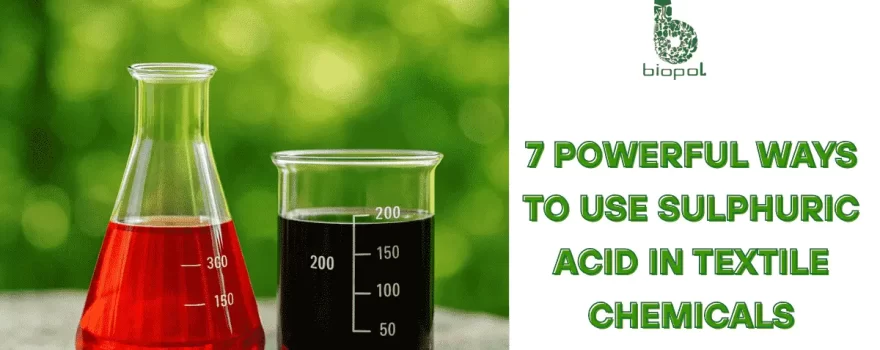 A conical flask and beaker with red and dark liquids placed outdoors, set against green foliage—symbolizing green chemistry and sustainable innovation. - Use Sulphuric Acid in Textile Chemicals 1