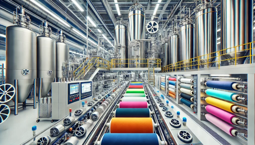 a modern textile factory where Colorful fabric rolls are being manufactured. Selling Textile Chemicals 1
