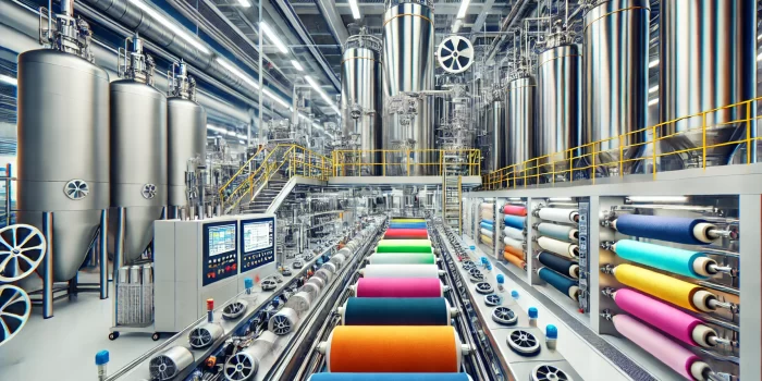 a modern textile factory where Colorful fabric rolls are being manufactured. Selling Textile Chemicals 1
