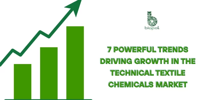 a green upward-trending bar chart with an arrow symbolizing market growth, growth trends in textile chemicals. - technical textile chemicals market 1