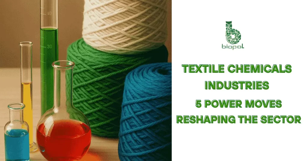 collection of colorful yarn spools (white, green, and blue) placed beside glass laboratory flasks and test tubes containing vibrant chemical liquids (red, green, yellow, and blue). It visually represents the intersection of textile materials and chemical processes, ideal for illustrating textile chemical applications. - textile chemicals industries 1