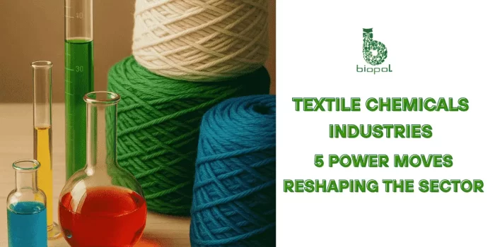 collection of colorful yarn spools (white, green, and blue) placed beside glass laboratory flasks and test tubes containing vibrant chemical liquids (red, green, yellow, and blue). It visually represents the intersection of textile materials and chemical processes, ideal for illustrating textile chemical applications. - textile chemicals industries 1