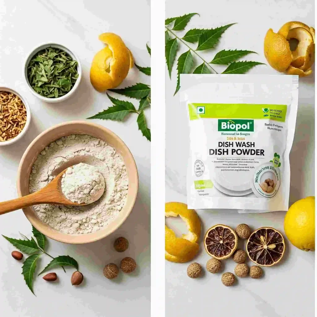 Split-screen image showing homemade herbal dish wash powder being mixed and Biopol’s ready-made pack, with neem, lemon peel, and reetha arranged around both.