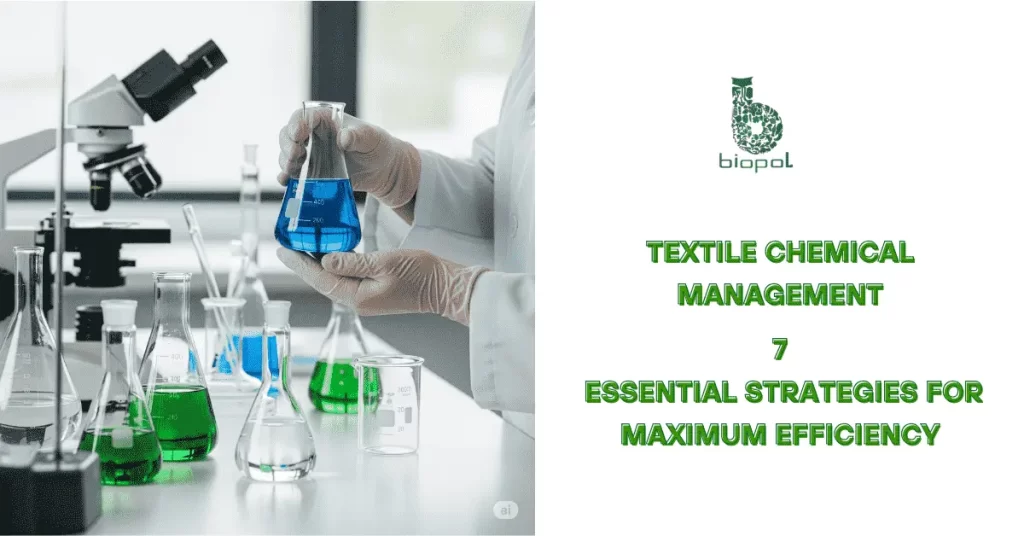 Scientist holding a blue chemical in a lab with glassware, green liquids, and a microscope, highlighting textile chemical testing and analysis. - Textile Chemical Management 1