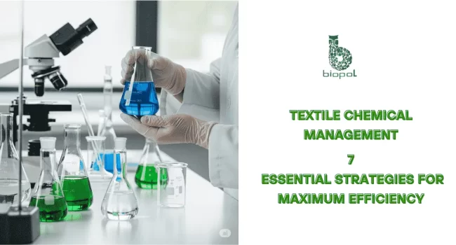 Scientist holding a blue chemical in a lab with glassware, green liquids, and a microscope, highlighting textile chemical testing and analysis. - Textile Chemical Management 1