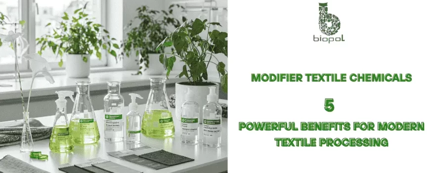 Eco-friendly textile lab with green-labeled flasks, recycled fabrics, and plants, lit by natural light to highlight sustainable modifier chemicals. - modifier textile chemicals 1