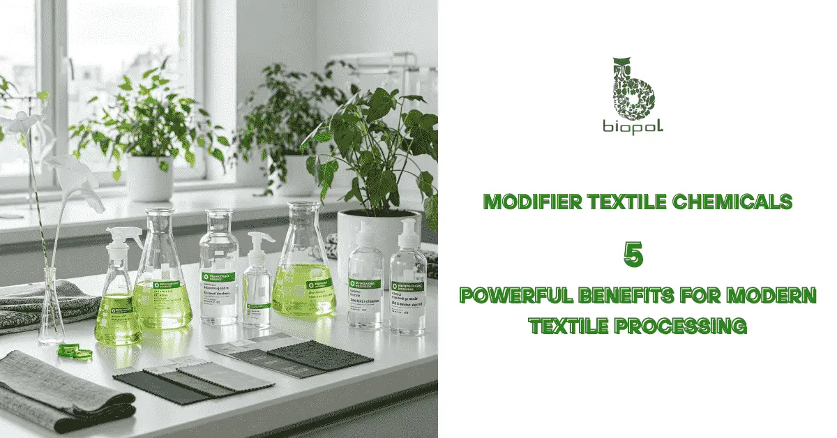 Eco-friendly textile lab with green-labeled flasks, recycled fabrics, and plants, lit by natural light to highlight sustainable modifier chemicals. - modifier textile chemicals 1
