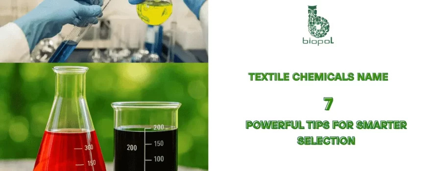 Collage showing textile chemical lab testing with colorful liquids in laboratory glassware - textile chemicals name 1
