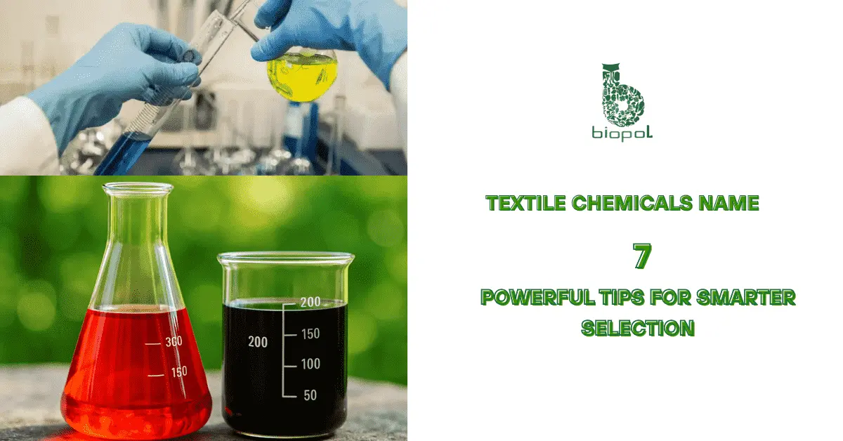 Collage showing textile chemical lab testing with colorful liquids in laboratory glassware - textile chemicals name 1