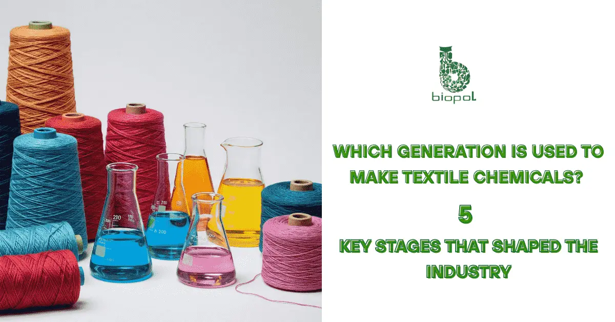 Colorful yarn spools with chemical solutions in glass beakers – representing the evolution of textile chemicals used in modern fabric processing - which generation is used to make textile chemicals 1