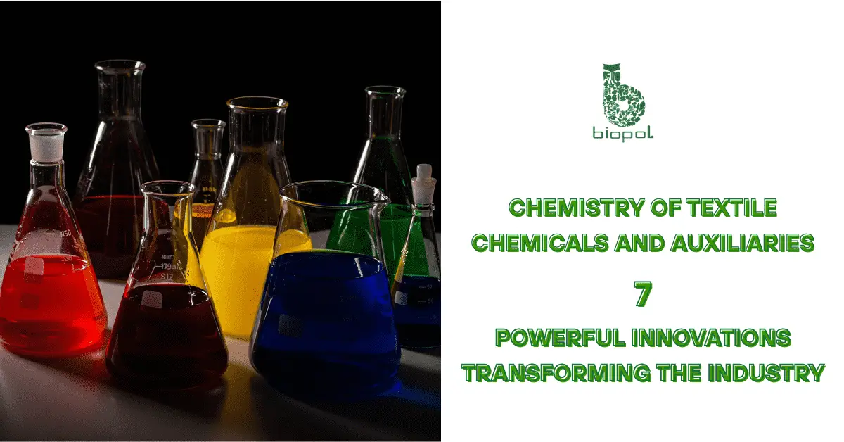 Colorful laboratory flasks filled with textile chemical solutions in red, orange, yellow, purple, blue, and green under dramatic lighting, representing textile auxiliaries and dye chemistry. - chemistry of textile chemicals and auxiliaries 1
