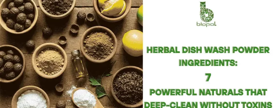Flat-lay of herbal dishwashing ingredients: soapnut, neem, lemon peel, baking soda, shikakai, neem oil bottle, and wooden spoon on rustic counter - Herbal dish wash powder ingredients 1