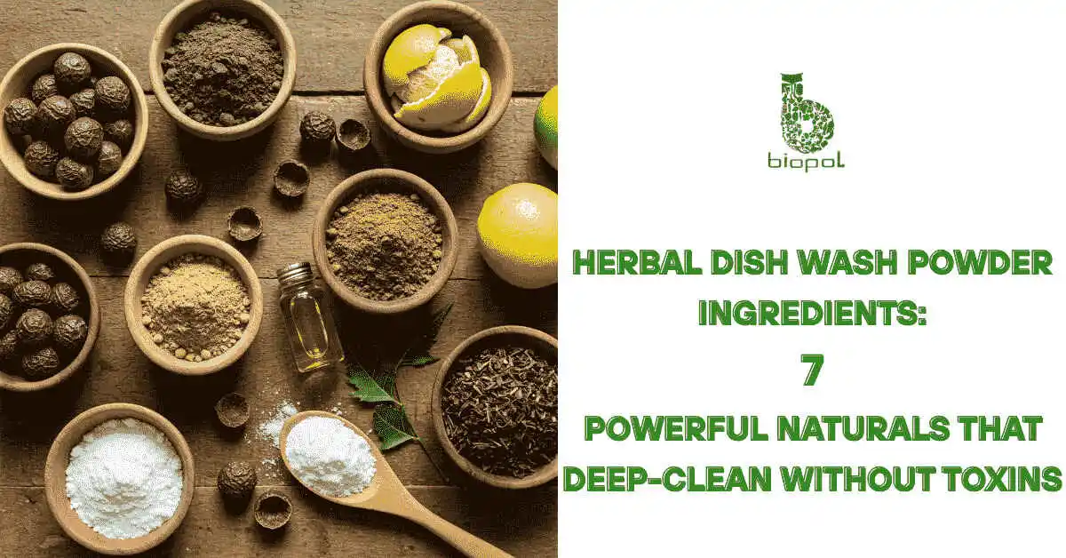 Flat-lay of herbal dishwashing ingredients: soapnut, neem, lemon peel, baking soda, shikakai, neem oil bottle, and wooden spoon on rustic counter - Herbal dish wash powder ingredients 1