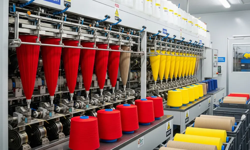 High-tech textile unit with automated machines, chemical containers, and colorful yarn spools in a clean, organized setting. - textile chemical association 2