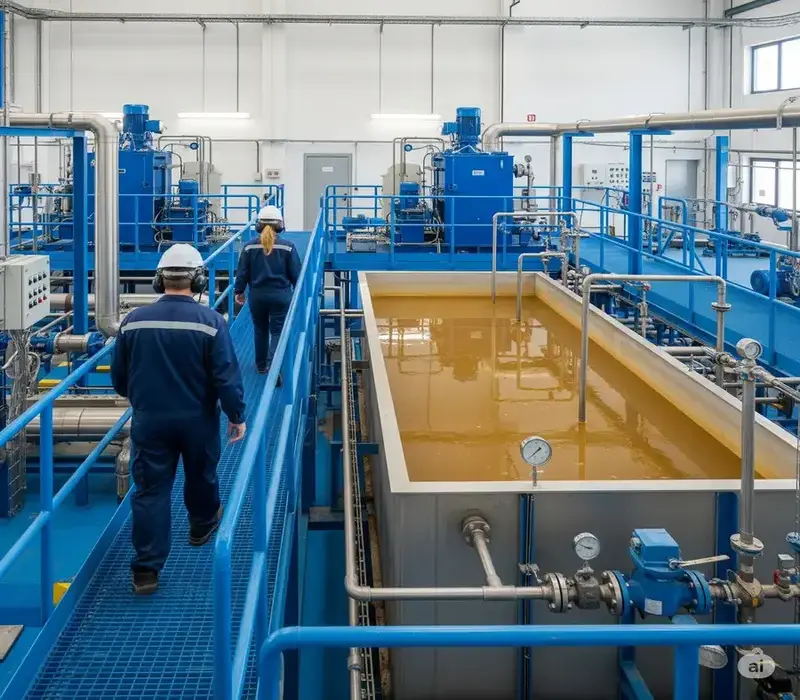 Bright industrial facility with two workers on a blue platform, a large tank with brownish-yellow liquid, and blue machinery. - consumption of chemicals in textile processing machine 2