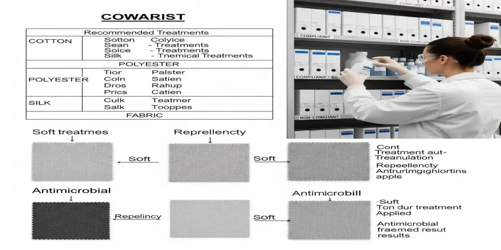 Lab tech selects textile chemicals near table comparing cotton, polyester, and silk treatments with test fabric outcomes. - textile chemical processing 2