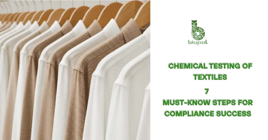 Row of light brown and white shirts on wooden hangers, suggesting uniform textile production and chemical-treated fabrics. - chemical testing of textiles 1