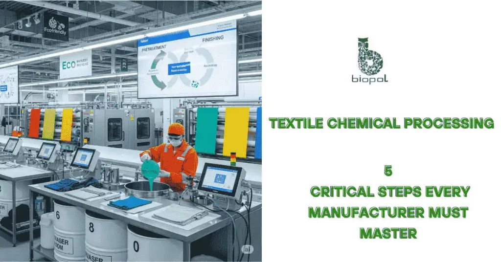 Technician applying textile chemicals in a clean facility with dyed fabric rolls and sustainability indicators visible. - textile chemical processing 1