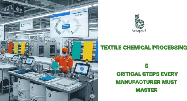 Technician applying textile chemicals in a clean facility with dyed fabric rolls and sustainability indicators visible. - textile chemical processing 1