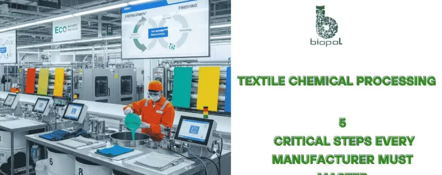 Technician applying textile chemicals in a clean facility with dyed fabric rolls and sustainability indicators visible. - textile chemical processing 1