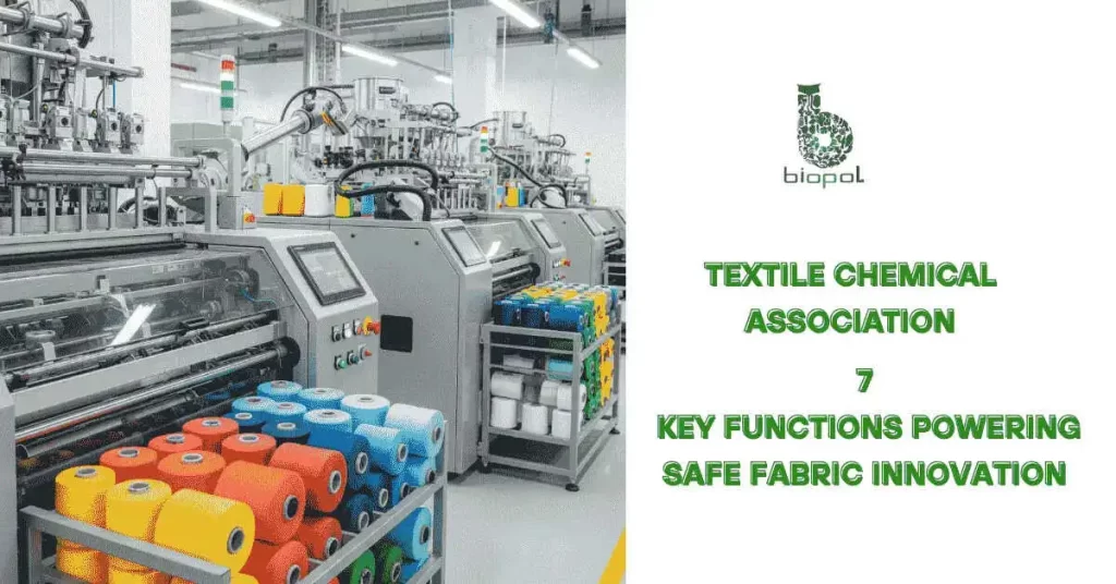 Spools of colored yarn beside automated textile machines in a modern, high-tech processing facility. - textile chemical association 1