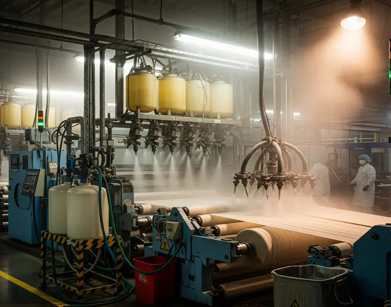 Machines applying new textile chemicals, with steam or mist showing the finishing process. - Textile chemical testing methods 3