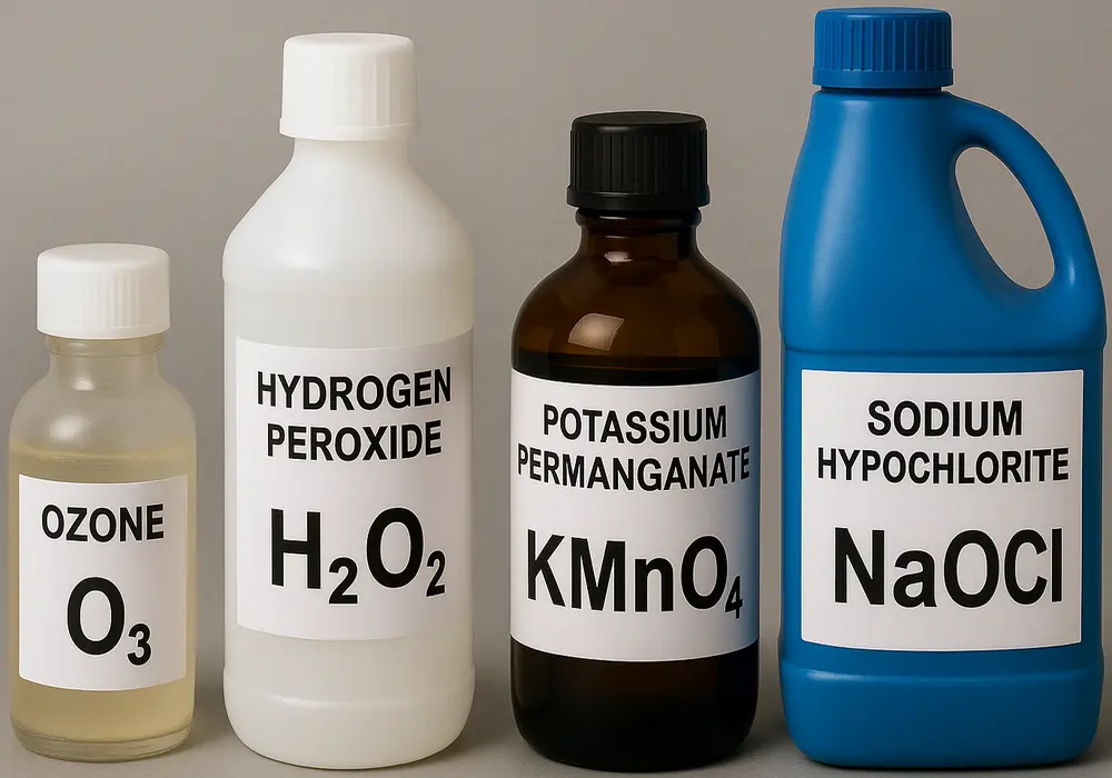 Illustration of four labeled chemical containers representing key oxidizing agents used in dye removal: ozone (O₃), hydrogen peroxide (H₂O₂), potassium permanganate (KMnO₄), and sodium hypochlorite (NaOCl). - chemical used for textile dye removal 2
