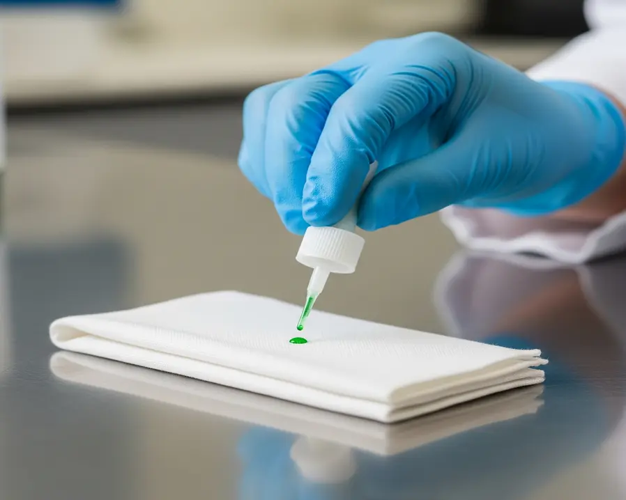 Gloved hand drops green liquid on white fabric for textile spot test on stainless lab table, assessing chemical reactivity. - textile chemical testing methods 2