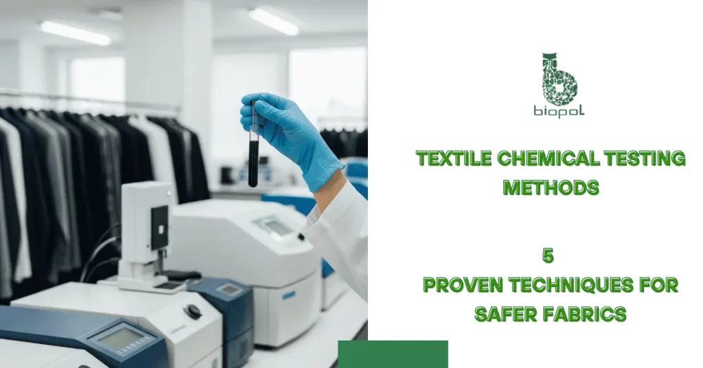 Gloved hand holds test tube with dark liquid; blurred garments in background highlight textile chemical safety testing. - textile chemical testing methods 1